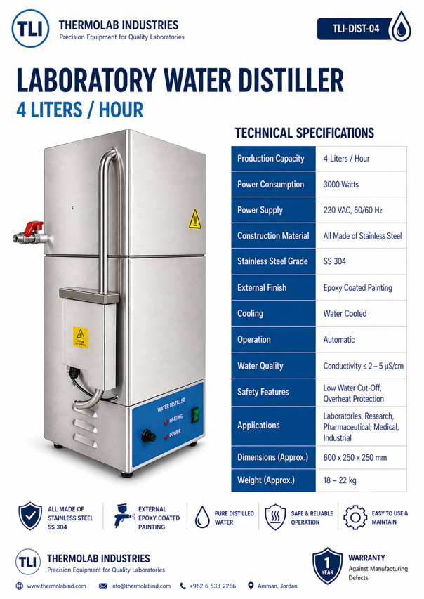 Laboratory Water Distiller 4L/hr TLI-DIST-04